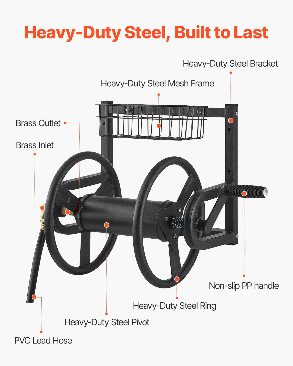 Wall Mounted Garden Hose Reel 125ft 5/8 in Metal Hose Reel with Basket V952-GQSSGJP125FTTLQ5I002V0