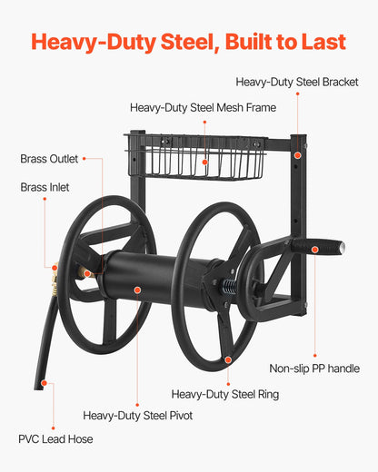 Wall Mounted Garden Hose Reel 125ft 5/8 in Metal Hose Reel with Basket V952-GQSSGJP125FTTLQ5I002V0