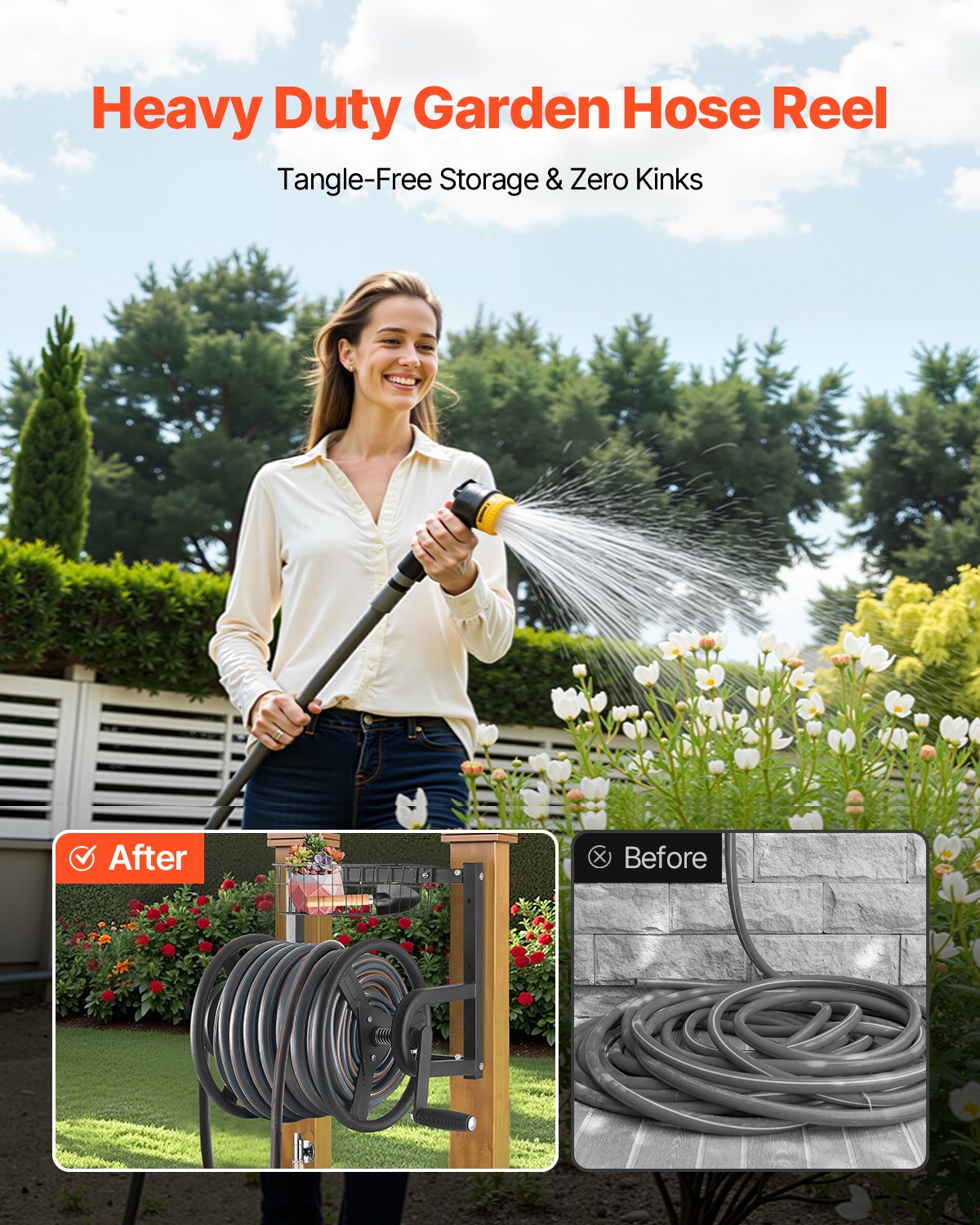 Wall Mounted Garden Hose Reel 125ft 5/8 in Metal Hose Reel with Basket V952-GQSSGJP125FTTLQ5I002V0