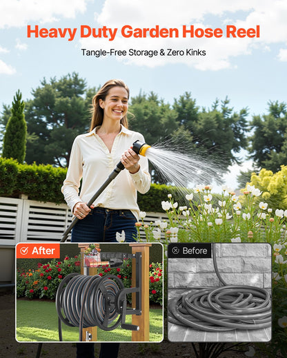 Wall Mounted Garden Hose Reel 125ft 5/8 in Metal Hose Reel with Basket V952-GQSSGJP125FTTLQ5I002V0