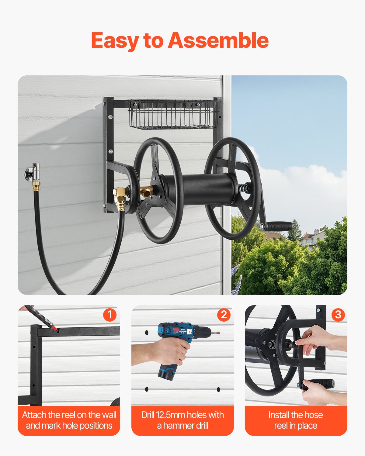 Wall Mounted Garden Hose Reel 125ft 5/8 in Metal Hose Reel with Basket V952-GQSSGJP125FTTLQ5I002V0