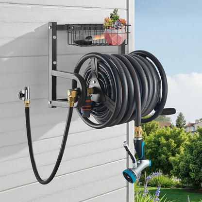 Wall Mounted Garden Hose Reel 125ft 5/8 in Metal Hose Reel with Basket V952-GQSSGJP125FTTLQ5I002V0