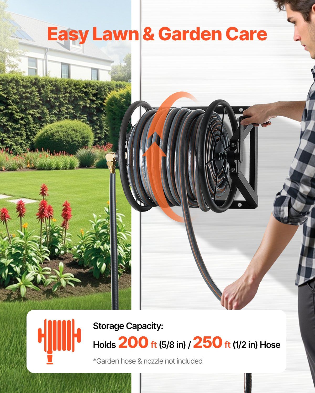 Wall Mounted Garden Hose Reel, Holds 200 ft 5/8-inch Manual Water Hose Winder, Heavy-Duty Steel, Outdoor Reel V952-GQSSGJP200FTIOUZW002V0