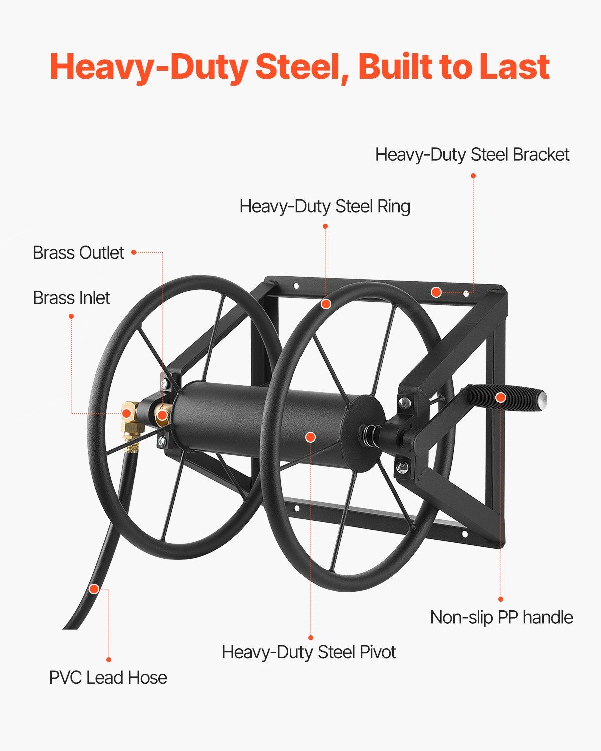 Wall Mounted Garden Hose Reel, Holds 200 ft 5/8-inch Manual Water Hose Winder, Heavy-Duty Steel, Outdoor Reel V952-GQSSGJP200FTIOUZW002V0
