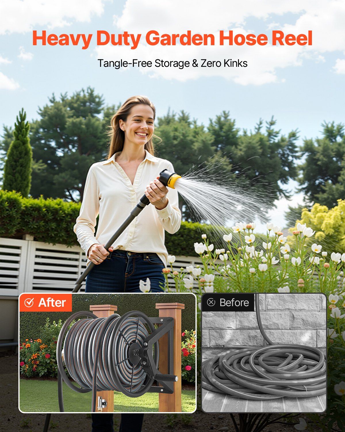Wall Mounted Garden Hose Reel, Holds 200 ft 5/8-inch Manual Water Hose Winder, Heavy-Duty Steel, Outdoor Reel V952-GQSSGJP200FTIOUZW002V0