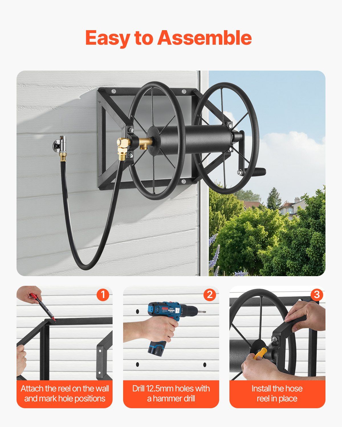 Wall Mounted Garden Hose Reel, Holds 200 ft 5/8-inch Manual Water Hose Winder, Heavy-Duty Steel, Outdoor Reel V952-GQSSGJP200FTIOUZW002V0