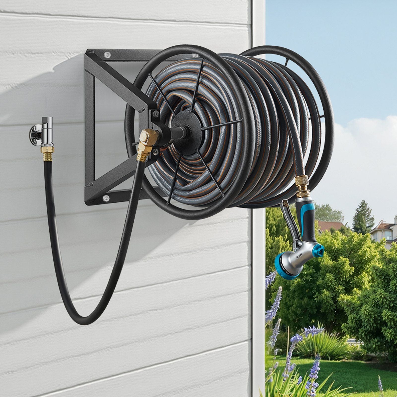 Wall Mounted Garden Hose Reel, Holds 200 ft 5/8-inch Manual Water Hose Winder, Heavy-Duty Steel, Outdoor Reel V952-GQSSGJP200FTIOUZW002V0