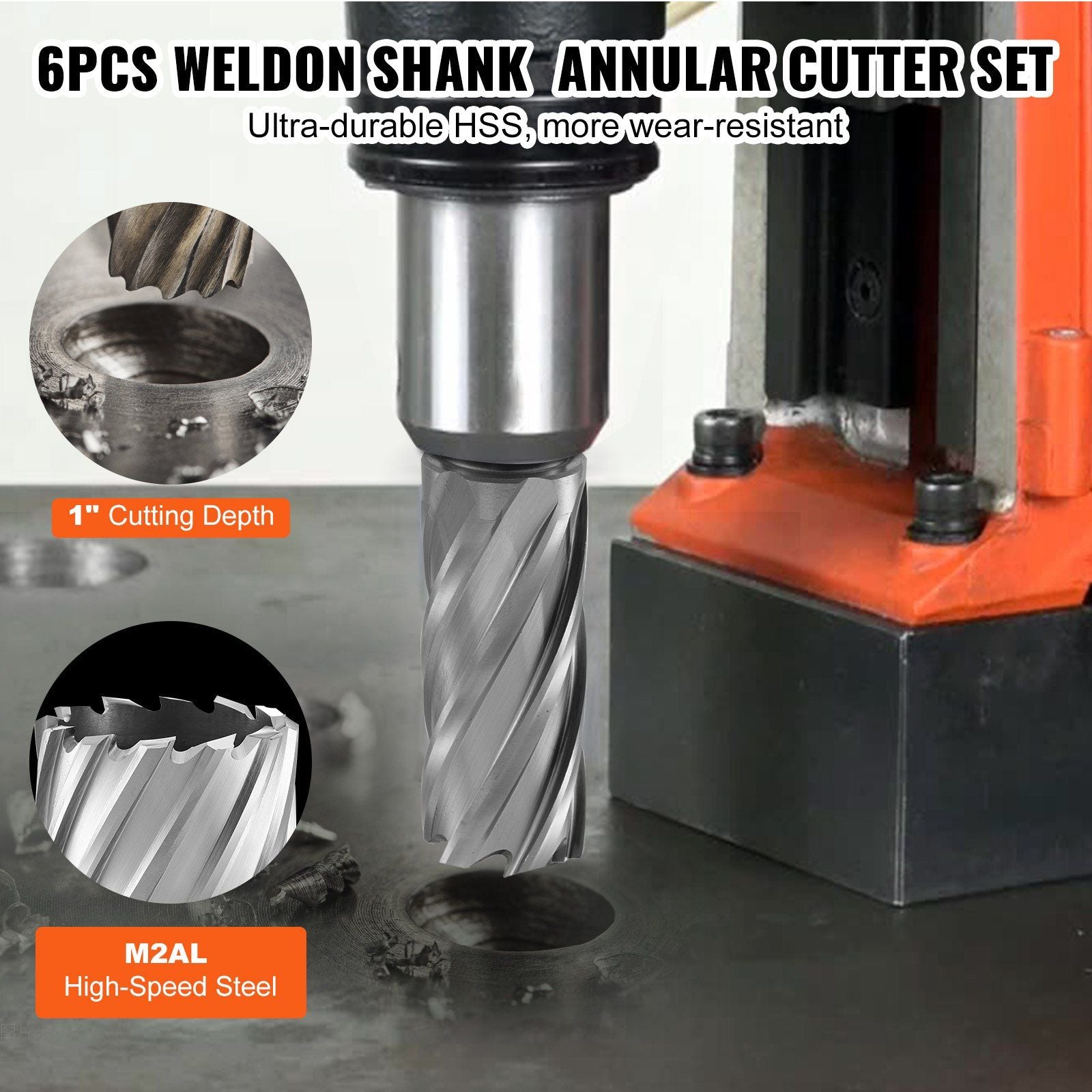 Annular Cutter Set, 6 pcs Weldon Shank Mag Drill Bits, 1" Cutting Depth, 1/2" to 1-1/16" Cutting Diameter, V952-GSGTZYC6J100O3DW2V0