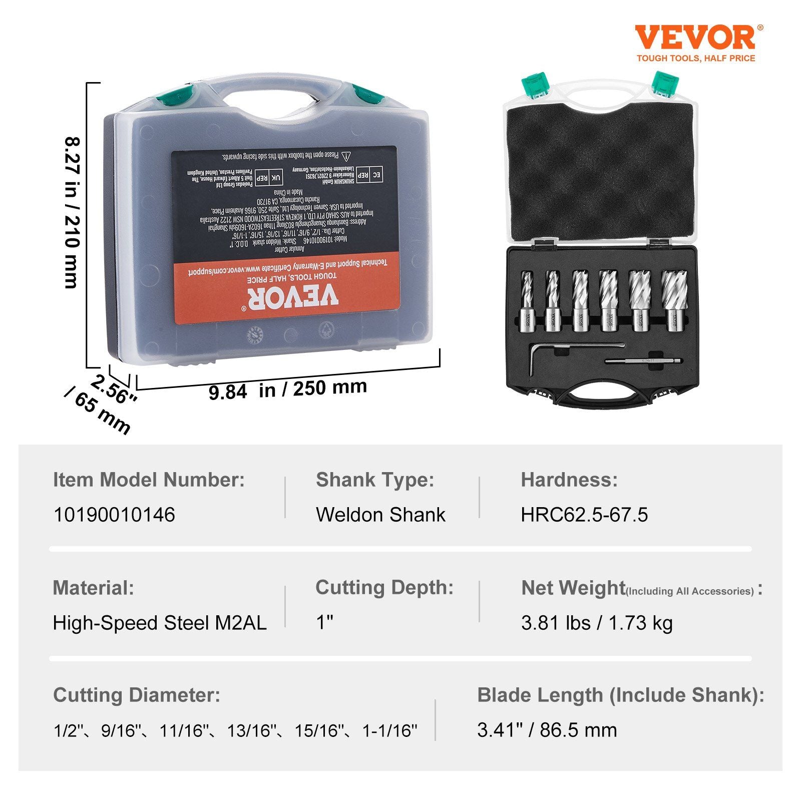 Annular Cutter Set, 6 pcs Weldon Shank Mag Drill Bits, 1" Cutting Depth, 1/2" to 1-1/16" Cutting Diameter, V952-GSGTZYC6J100O3DW2V0