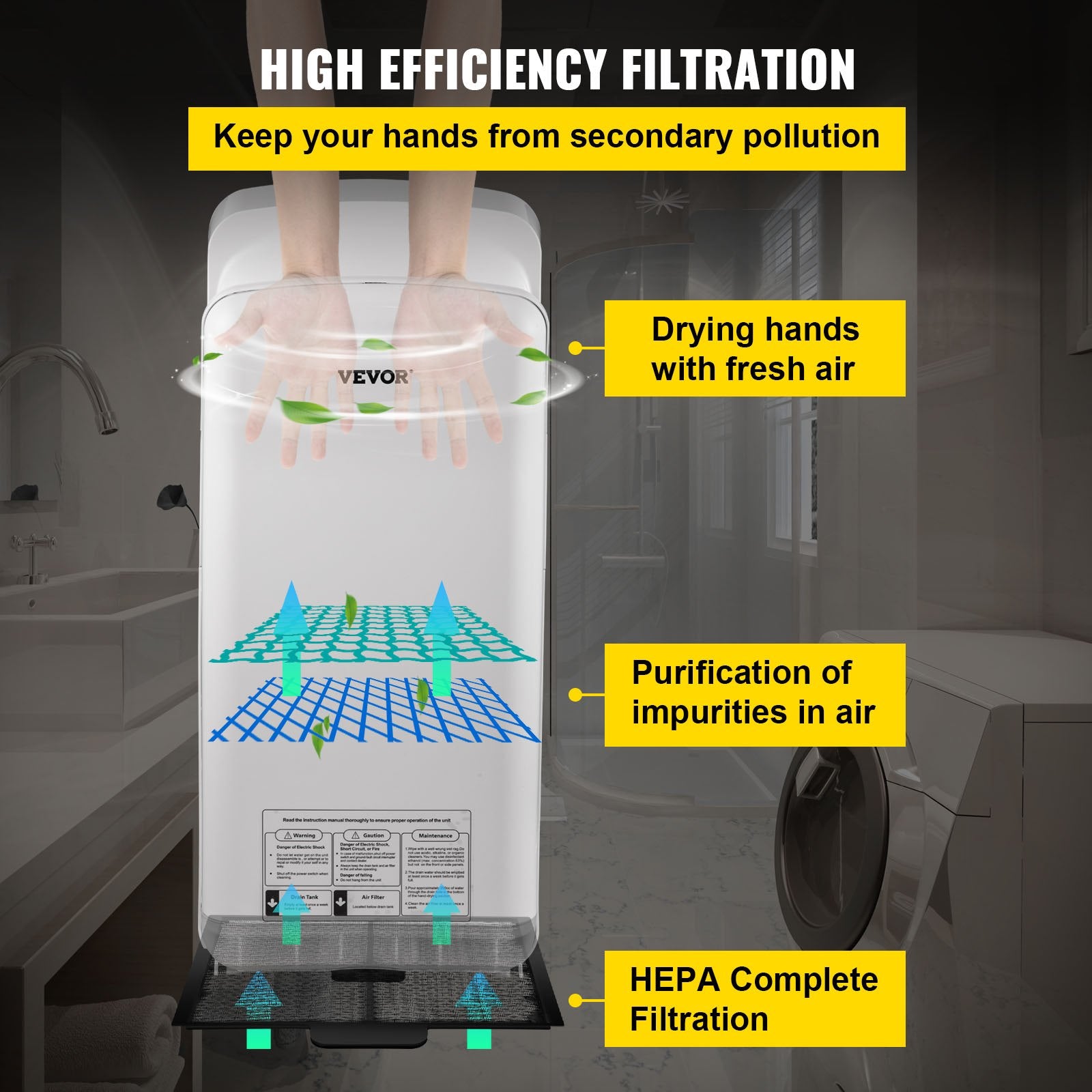 Jet Hand Dryer Blade Hand Dryer Automatic High Speed for Washroom White V952-GSJLSGSPQSBS-110PV3