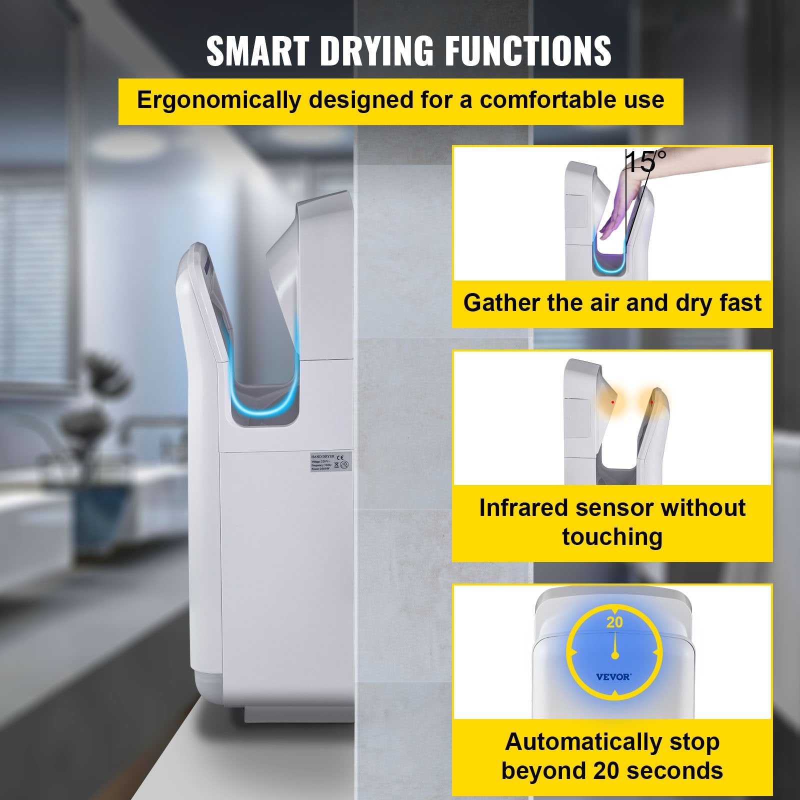 Jet Hand Dryer Blade Hand Dryer Automatic High Speed for Washroom White V952-GSJLSGSPQSBS-110PV3