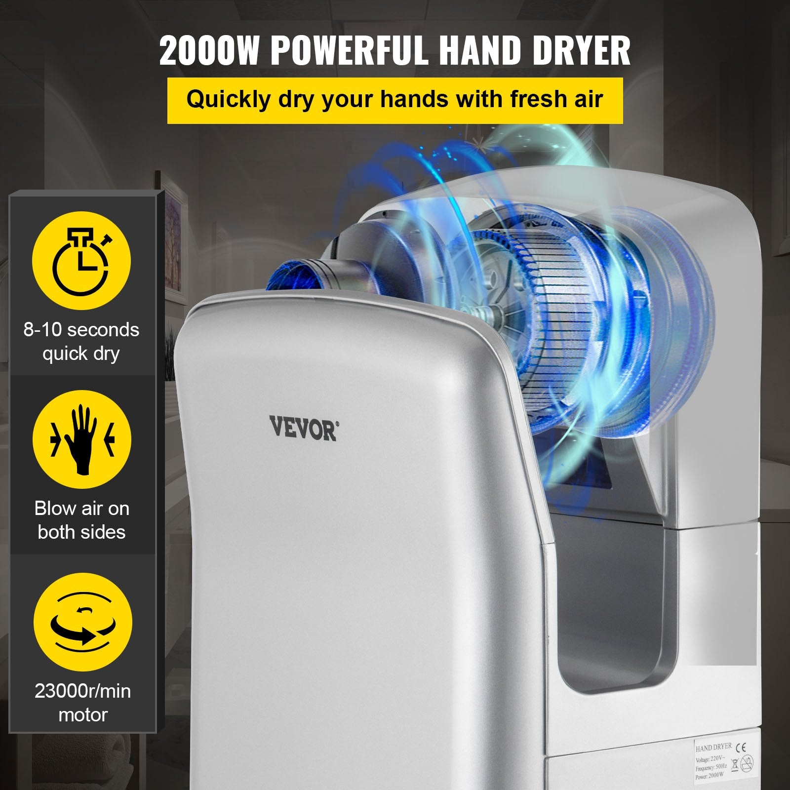 Jet Hand Dryer Blade Hand Dryer Automatic High Speed for Washroom Silver V952-GSJLSGSPQSYS-4CAQV3