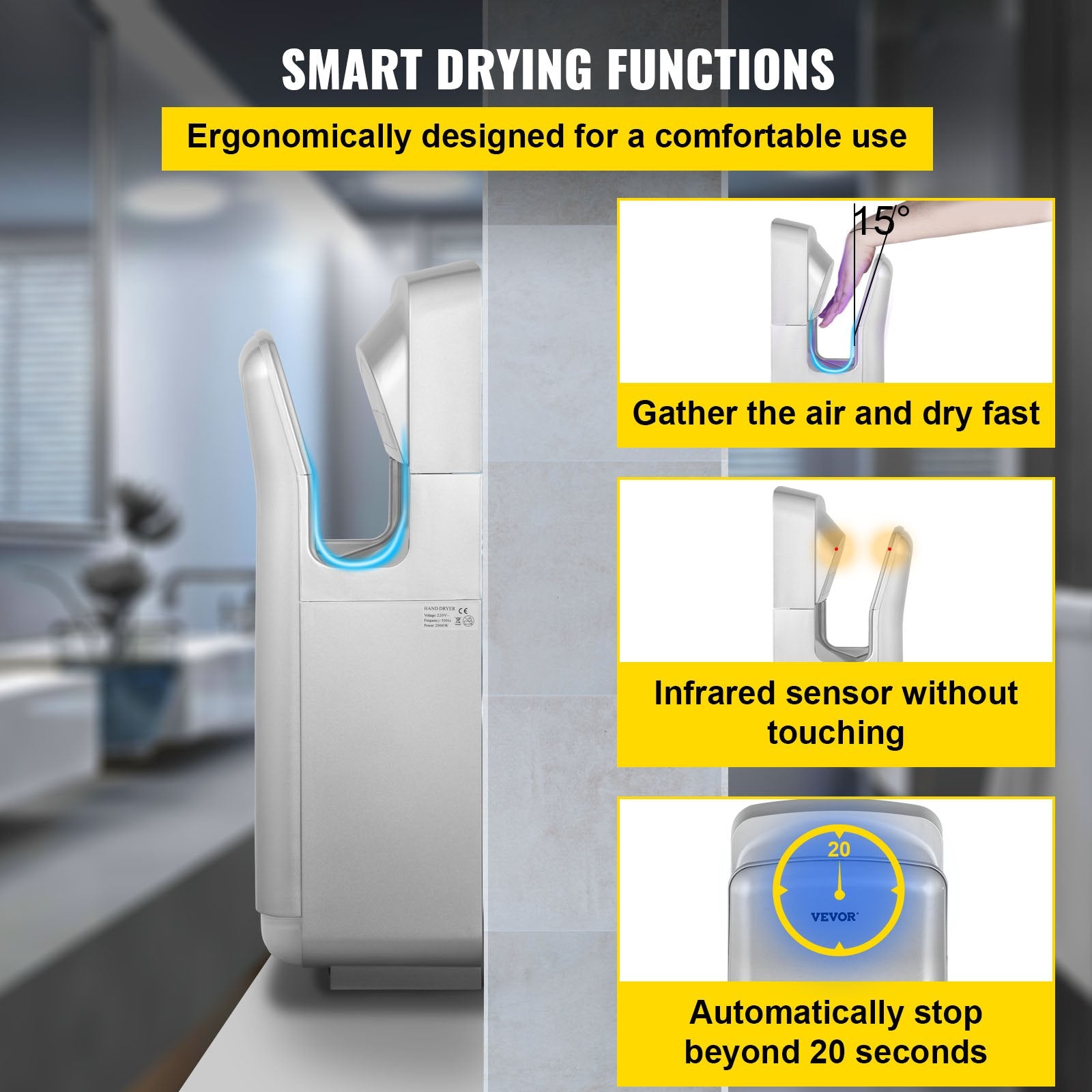 Jet Hand Dryer Blade Hand Dryer Automatic High Speed for Washroom Silver V952-GSJLSGSPQSYS-4CAQV3