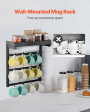 Coffee Mug Holder Wall Mounted w/ 12 Movable Hooks and Top Shelf Cup Rack V952-GSMKBGJBGSJSZUHL7V0