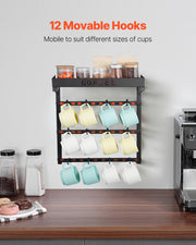 Coffee Mug Holder Wall Mounted w/ 12 Movable Hooks and Top Shelf Cup Rack V952-GSMKBGJBGSJSZUHL7V0