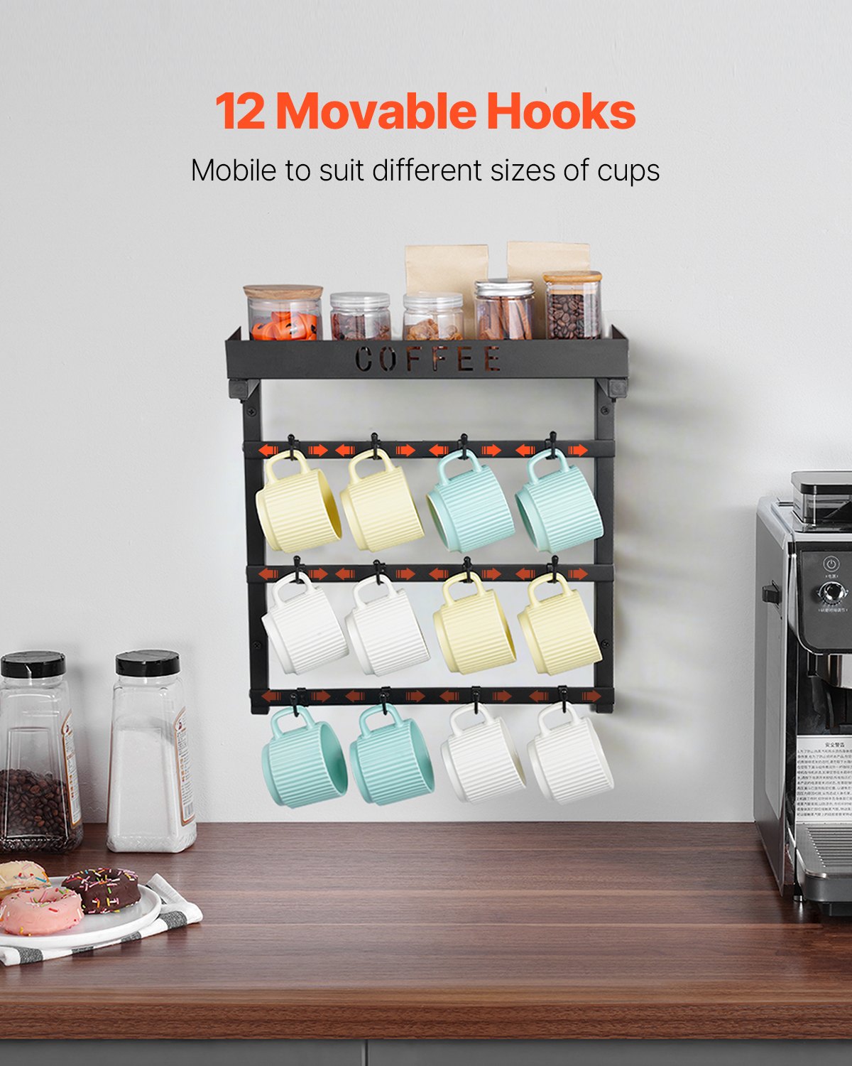 Coffee Mug Holder Wall Mounted w/ 12 Movable Hooks and Top Shelf Cup Rack V952-GSMKBGJBGSJSZUHL7V0