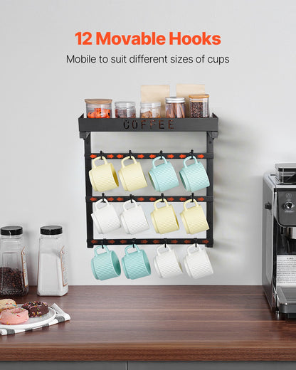 Coffee Mug Holder Wall Mounted w/ 12 Movable Hooks and Top Shelf Cup Rack V952-GSMKBGJBGSJSZUHL7V0
