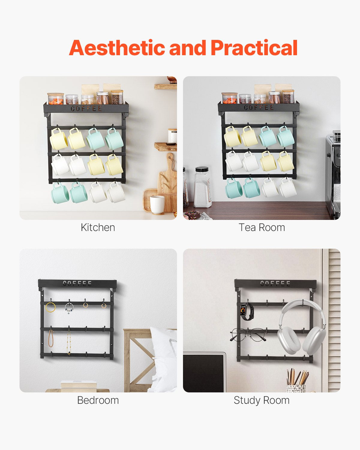 Coffee Mug Holder Wall Mounted w/ 12 Movable Hooks and Top Shelf Cup Rack V952-GSMKBGJBGSJSZUHL7V0