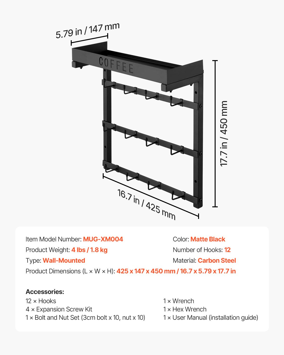 Coffee Mug Holder Wall Mounted w/ 12 Movable Hooks and Top Shelf Cup Rack V952-GSMKBGJBGSJSZUHL7V0