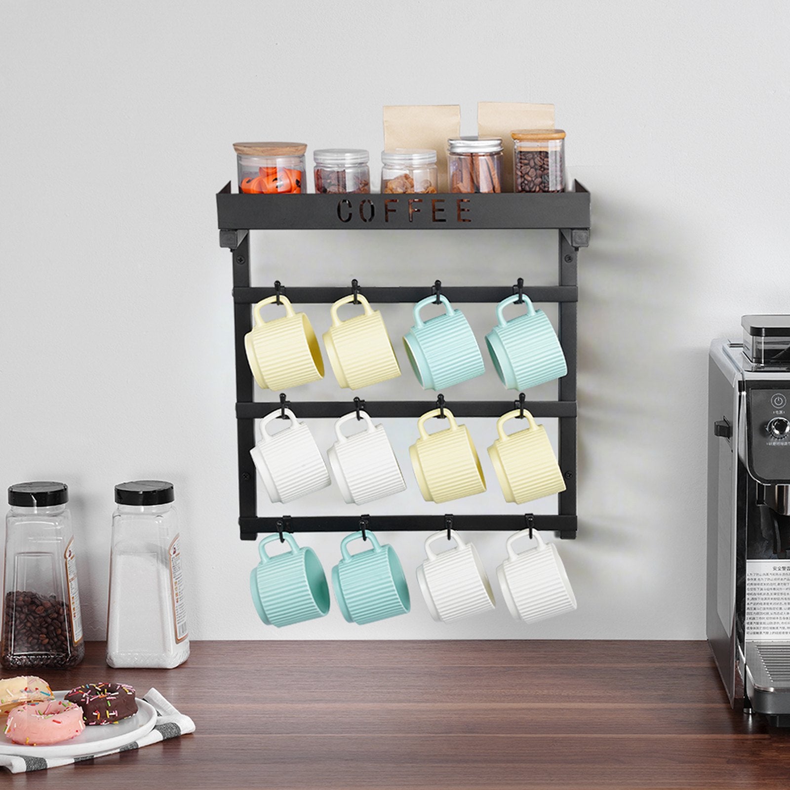 Coffee Mug Holder Wall Mounted w/ 12 Movable Hooks and Top Shelf Cup Rack V952-GSMKBGJBGSJSZUHL7V0
