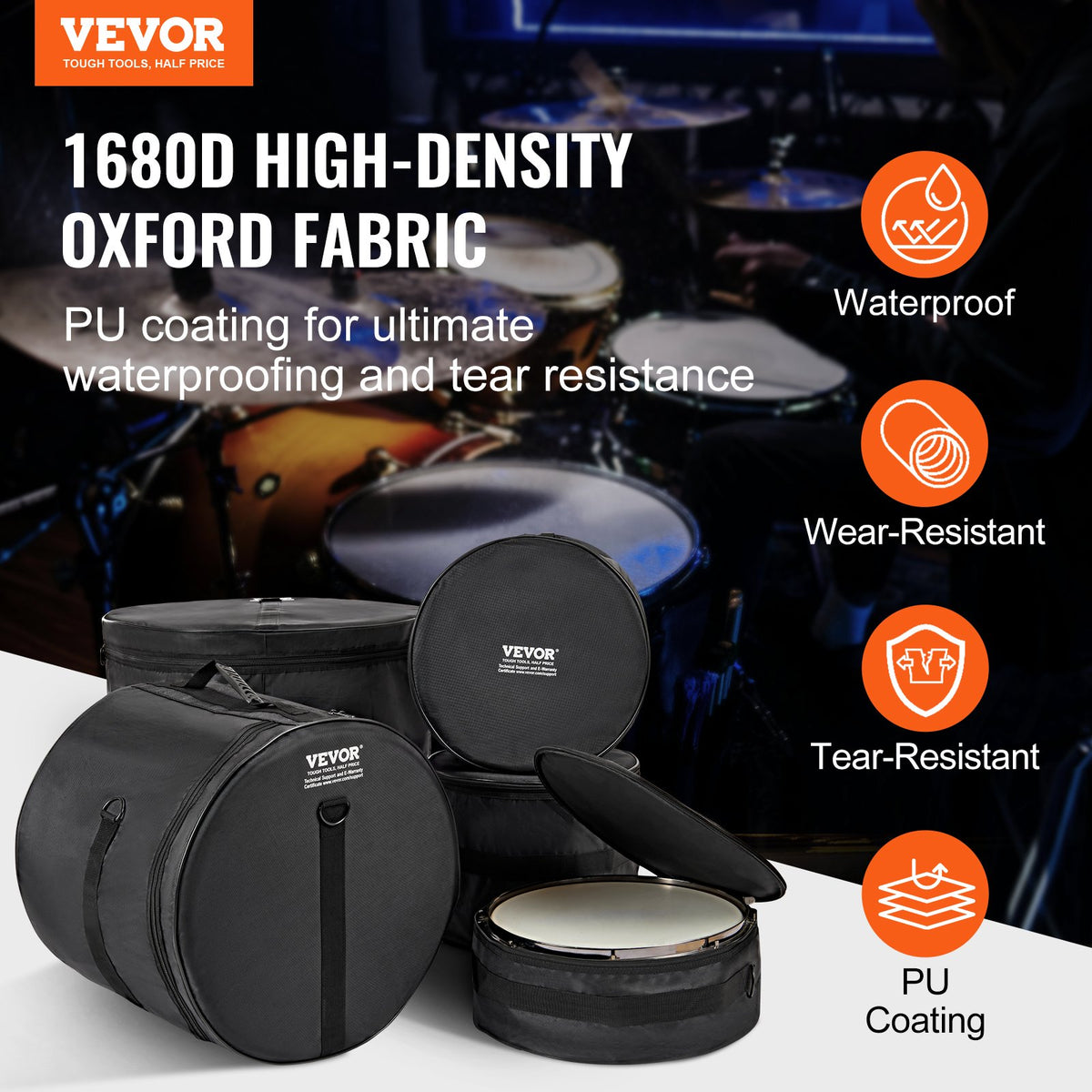 5-Piece Drum Bag Set, 1680D Oxford Fabric, Padded Drum Bags and Cases with 4.92 ft Detachable Shoulder Strap V952-GSNB1680DNJB9TCZYV0