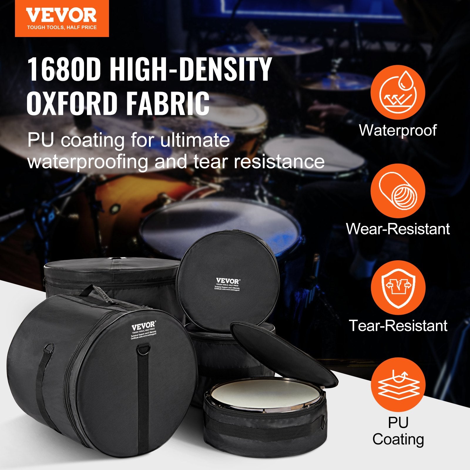5-Piece Drum Bag Set, 1680D Oxford Fabric, Padded Drum Bags and Cases with 4.92 ft Detachable Shoulder Strap V952-GSNB1680DNJB9TCZYV0