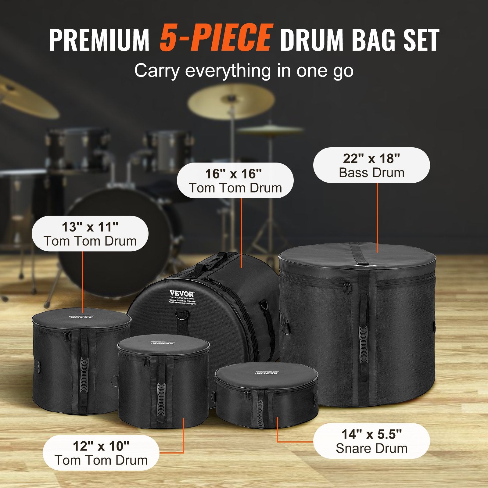 5-Piece Drum Bag Set, 1680D Oxford Fabric, Padded Drum Bags and Cases with 4.92 ft Detachable Shoulder Strap V952-GSNB1680DNJB9TCZYV0