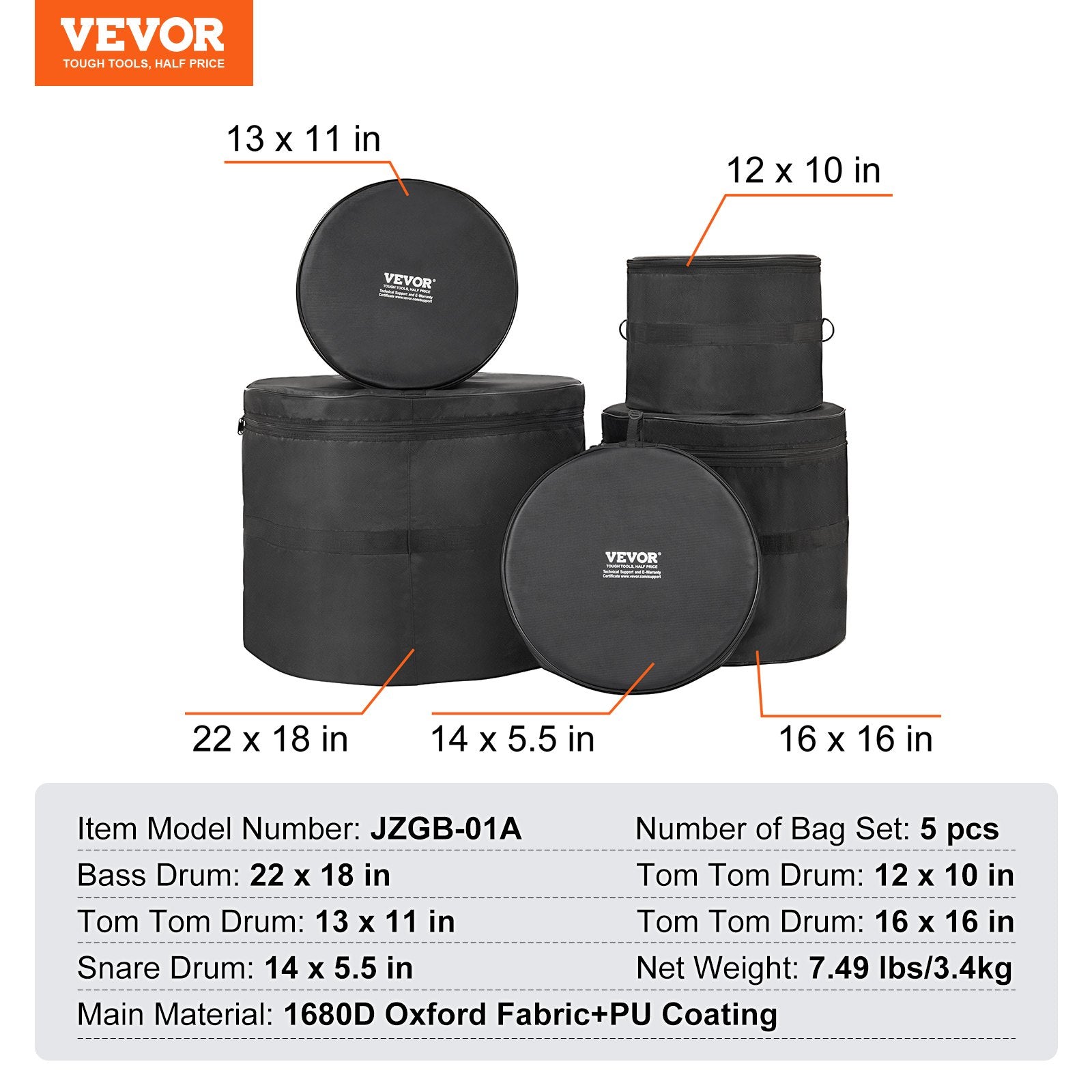 5-Piece Drum Bag Set, 1680D Oxford Fabric, Padded Drum Bags and Cases with 4.92 ft Detachable Shoulder Strap V952-GSNB1680DNJB9TCZYV0