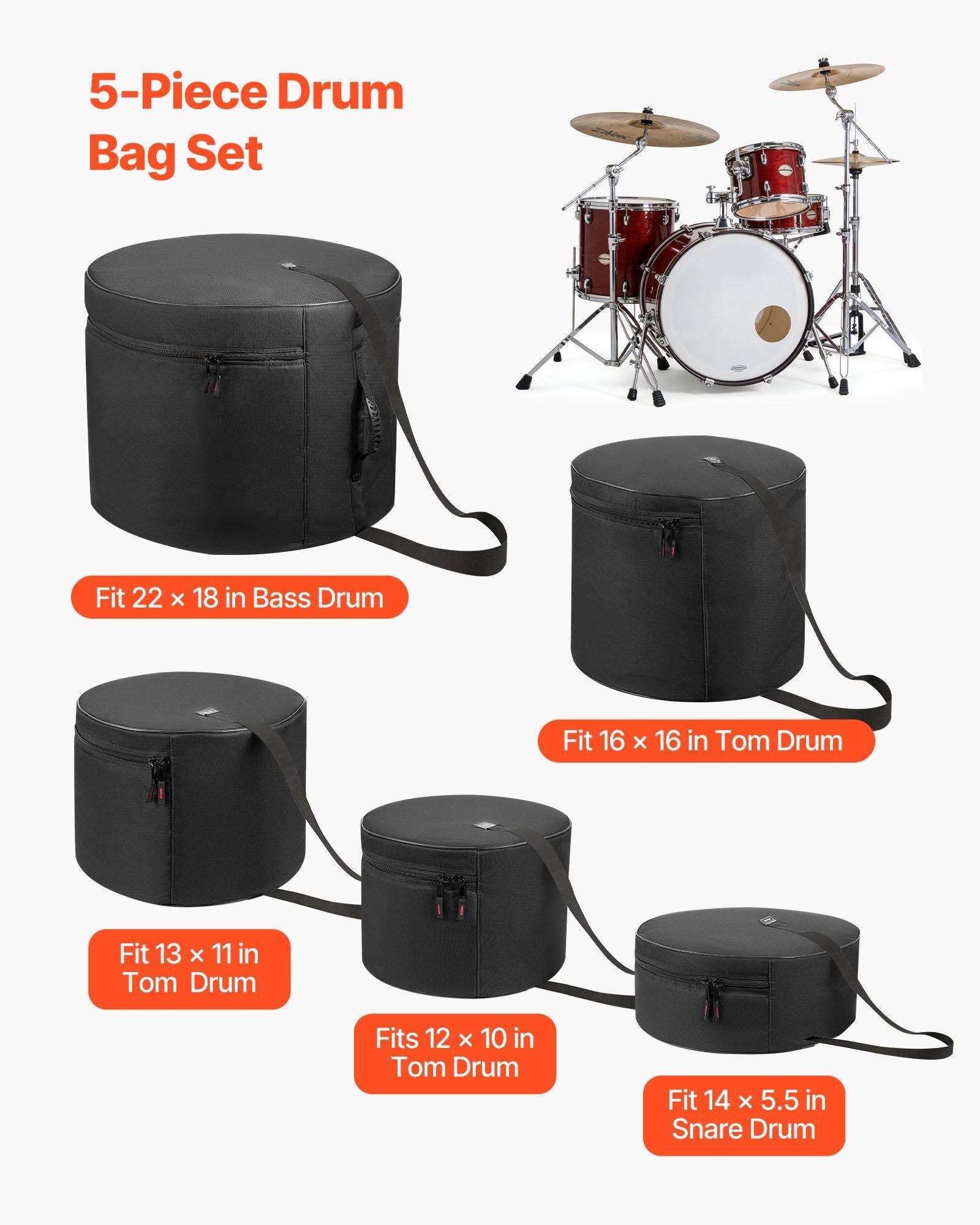 5-Piece Drum Case Set, 600D, Padded Drum Bags for Bass, Tom, and Snare, Thick Padding, Lightweight Protective V952-GSNBNJB5JTJZ56BHD001V0