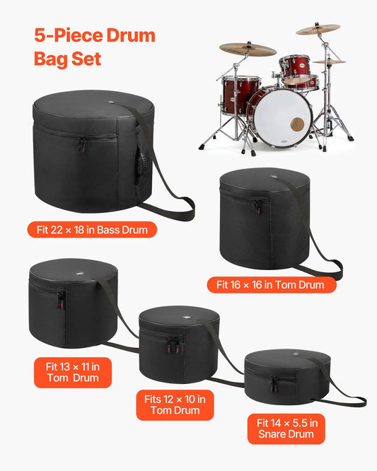 5-Piece Drum Case Set, 600D, Padded Drum Bags for Bass, Tom, and Snare, Thick Padding, Lightweight Protective V952-GSNBNJB5JTJZ56BHD001V0