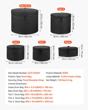 5-Piece Drum Case Set, 600D, Padded Drum Bags for Bass, Tom, and Snare, Thick Padding, Lightweight Protective V952-GSNBNJB5JTJZ56BHD001V0