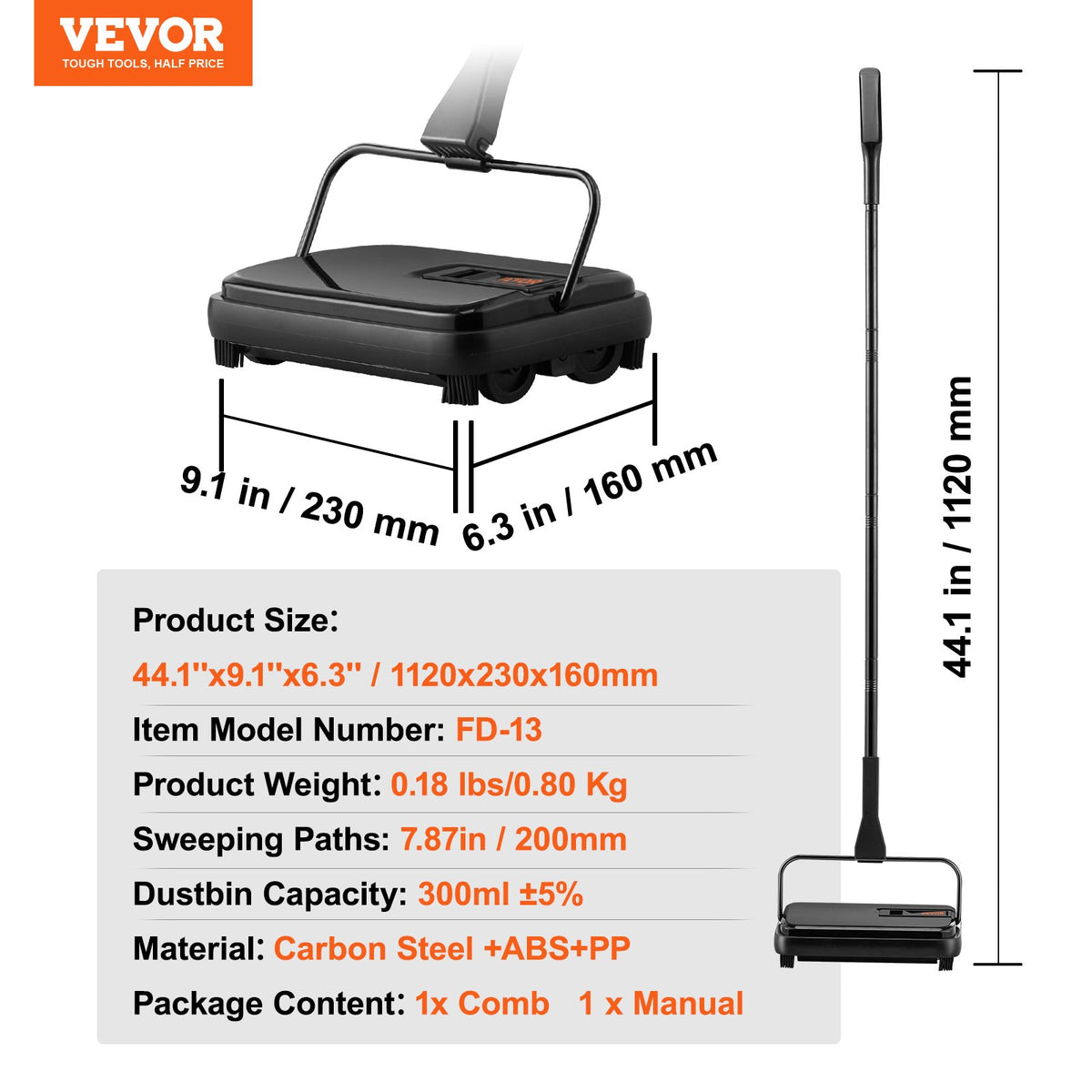 Carpet Sweeper, 200 mm Sweeping Paths, Floor Sweeper Manual Non Electric, 300 ml Dustbin Capacity with Comb V952-GSQSQBDDBDD11GAYDV0