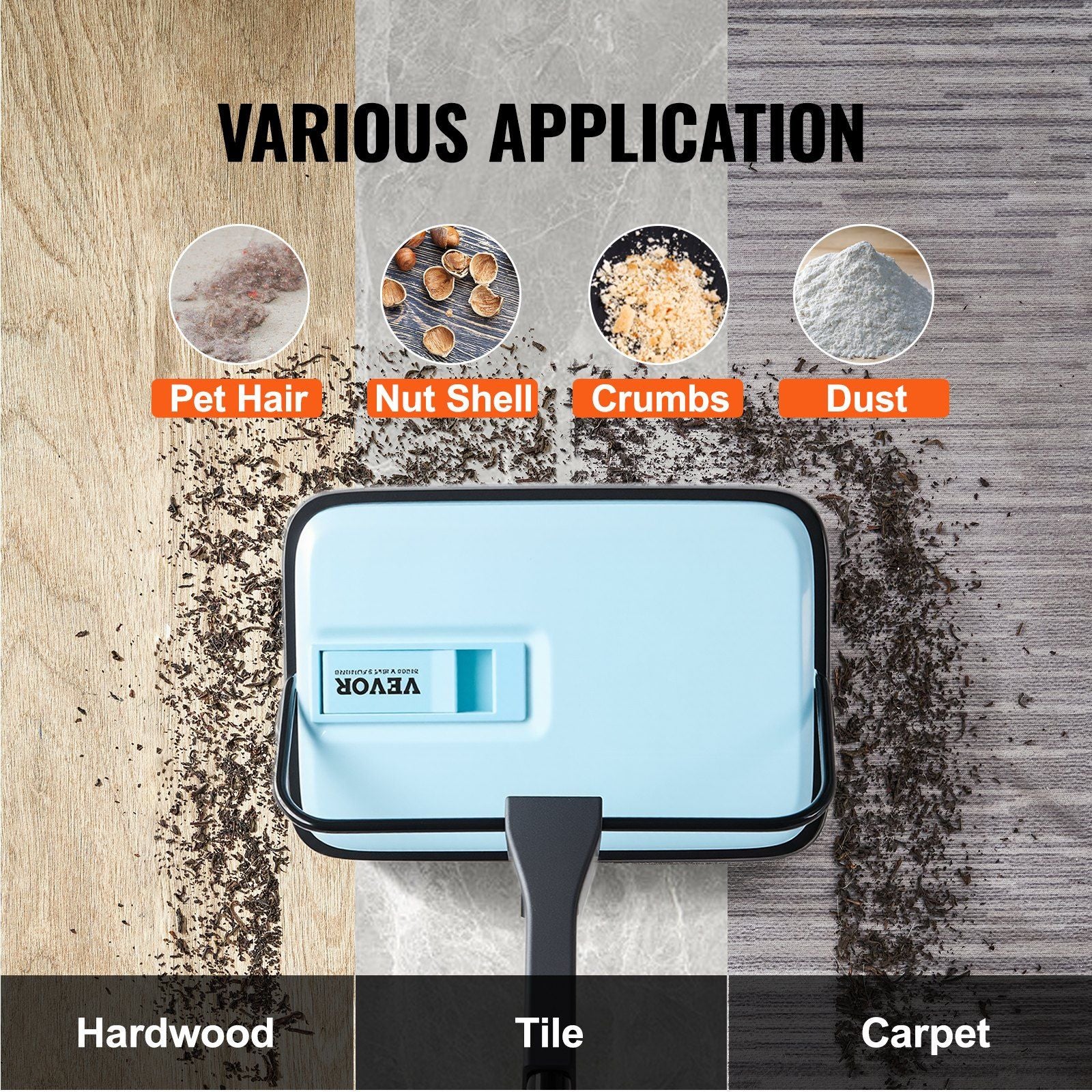 Carpet Sweeper Manual, Floor Sweeper with 300 ml Dustbin Capacity Easy to Empty, 17 cm Cleaning Width for V952-GSQSQBDDBDDSY8CF2001V0