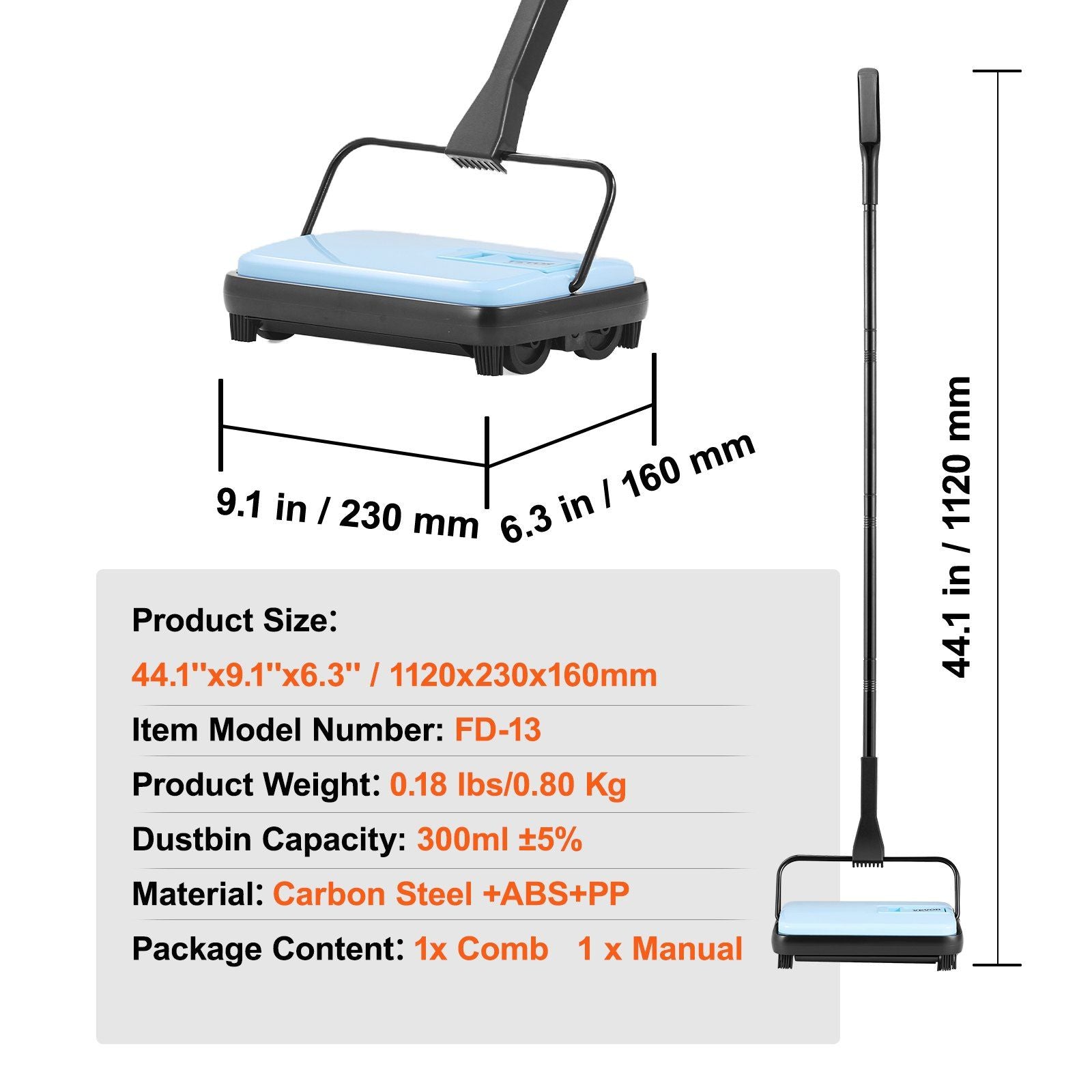 Carpet Sweeper Manual, Floor Sweeper with 300 ml Dustbin Capacity Easy to Empty, 17 cm Cleaning Width for V952-GSQSQBDDBDDSY8CF2001V0