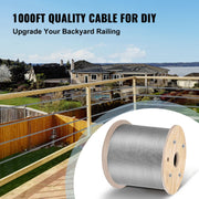 Stainless Steel Cable Railing 3/16" x 1000ft, Wire Rope 316 Marine Grade, Braided Aircraft Cable 1x19 Strands V952-GSS1X19-4.8MM305MV0