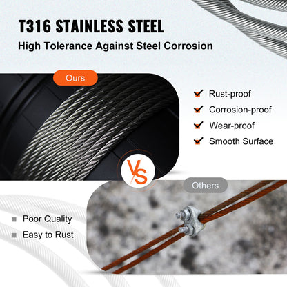 Stainless Steel Cable Railing 3/16" x 1000ft, Wire Rope 316 Marine Grade, Braided Aircraft Cable 1x19 Strands V952-GSS1X19-4.8MM305MV0