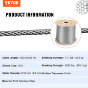 Stainless Steel Cable Railing 3/16" x 1000ft, Wire Rope 316 Marine Grade, Braided Aircraft Cable 1x19 Strands V952-GSS1X19-4.8MM305MV0