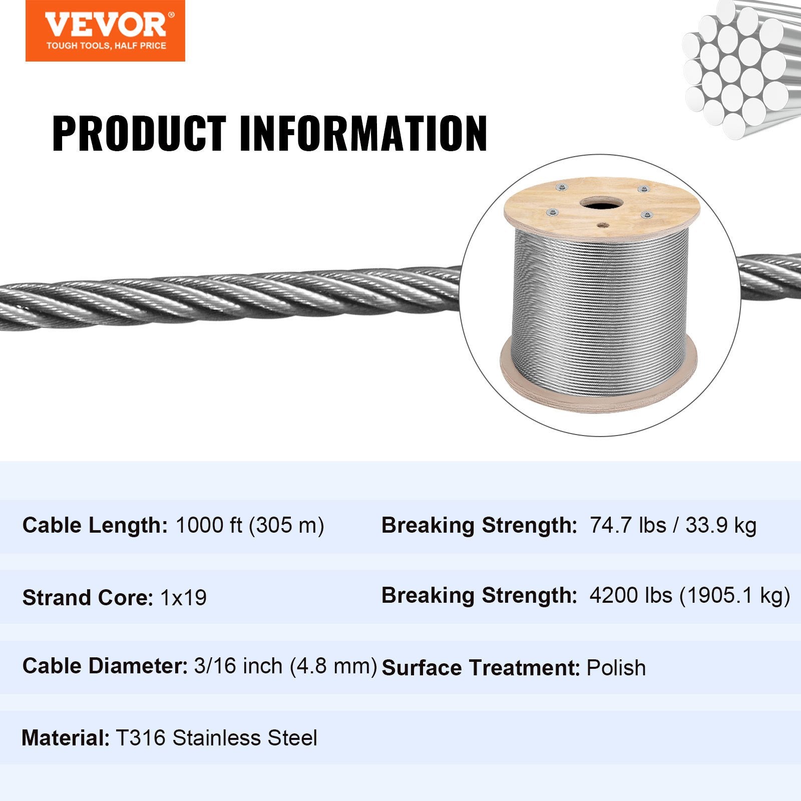 Stainless Steel Cable Railing 3/16" x 1000ft, Wire Rope 316 Marine Grade, Braided Aircraft Cable 1x19 Strands V952-GSS1X19-4.8MM305MV0