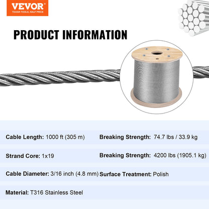 Stainless Steel Cable Railing 3/16" x 1000ft, Wire Rope 316 Marine Grade, Braided Aircraft Cable 1x19 Strands V952-GSS1X19-4.8MM305MV0