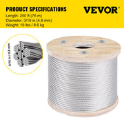 304 Stainless Steel Wire Rope Cable 4.8 mm 7x19 76 m reel V952-GSS7X19-4.8MM76M1V0