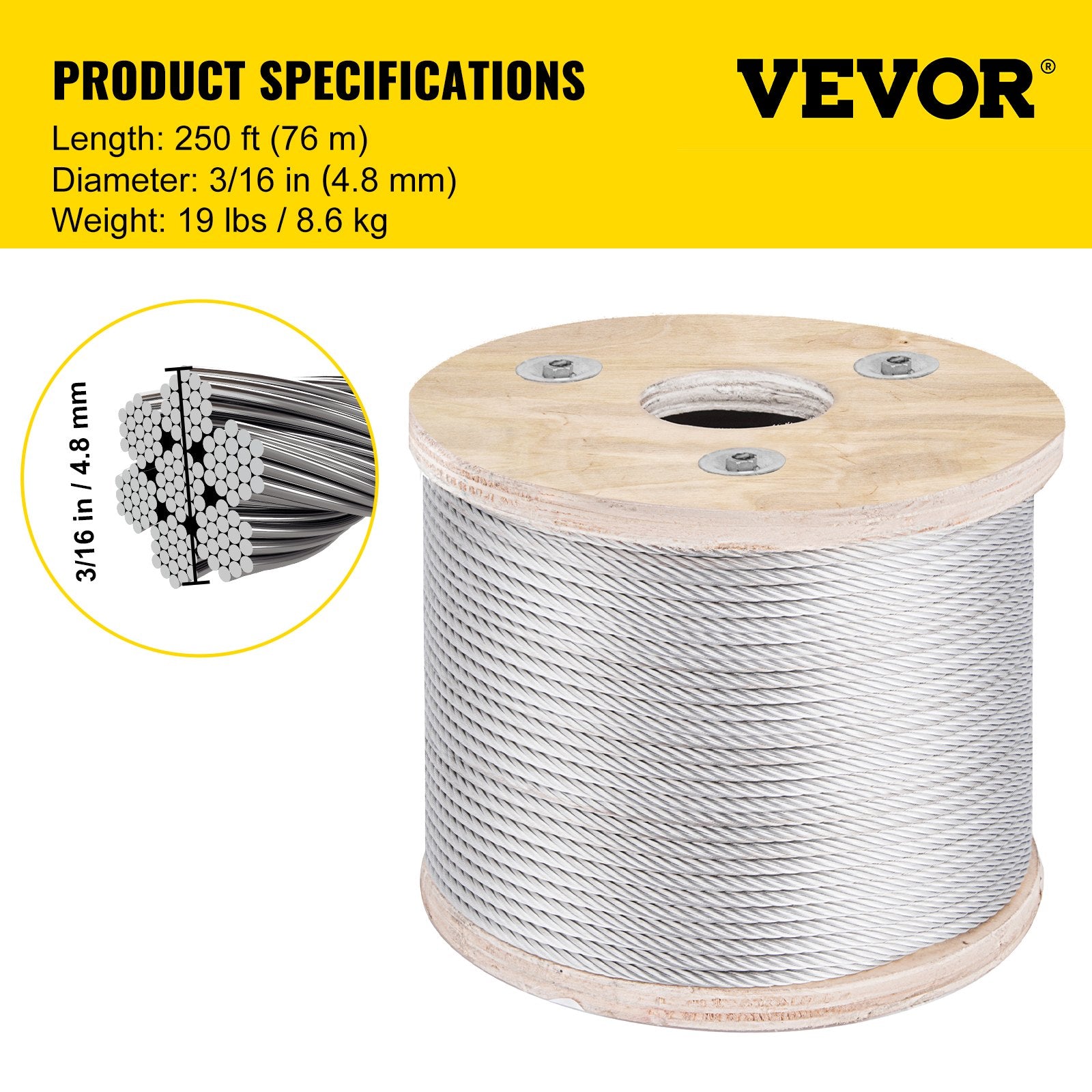 304 Stainless Steel Wire Rope Cable 4.8 mm 7x19 76 m reel V952-GSS7X19-4.8MM76M1V0