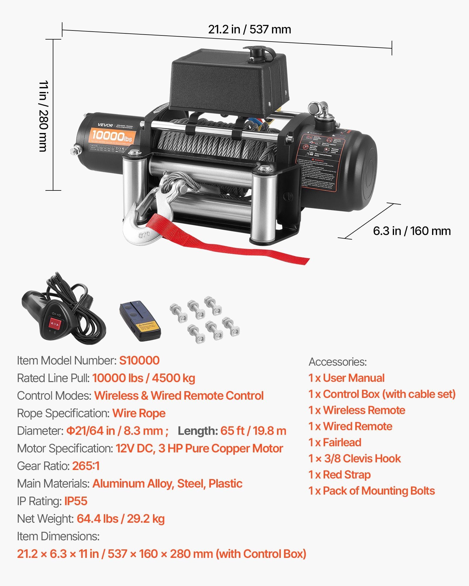 Electric Winch, 4500 kg Load Capacity, 12V DC Truck Winch with 8.3 mm x 19.8 m Steel Rope, Wireless & Wired V952-GSSDDJP10000NEA5P001V9