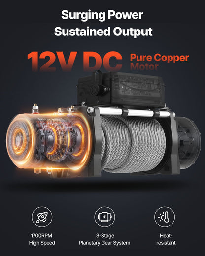 Electric Winch, 5400 kg Load Capacity, 12V DC Truck Winch with 9.1 mm x 24 m Steel Rope, Wireless & Wired V952-GSSDDJP120003DUL4001V9