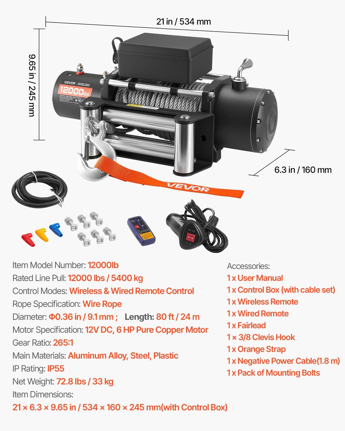 Electric Winch, 5400 kg Load Capacity, 12V DC Truck Winch with 9.1 mm x 24 m Steel Rope, Wireless & Wired V952-GSSDDJP120003DUL4001V9