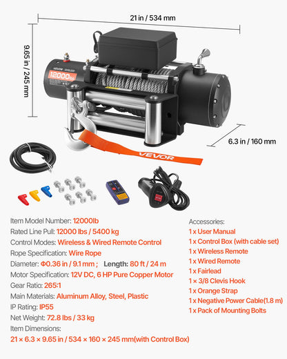 Electric Winch, 5400 kg Load Capacity, 12V DC Truck Winch with 9.1 mm x 24 m Steel Rope, Wireless & Wired V952-GSSDDJP120003DUL4001V9