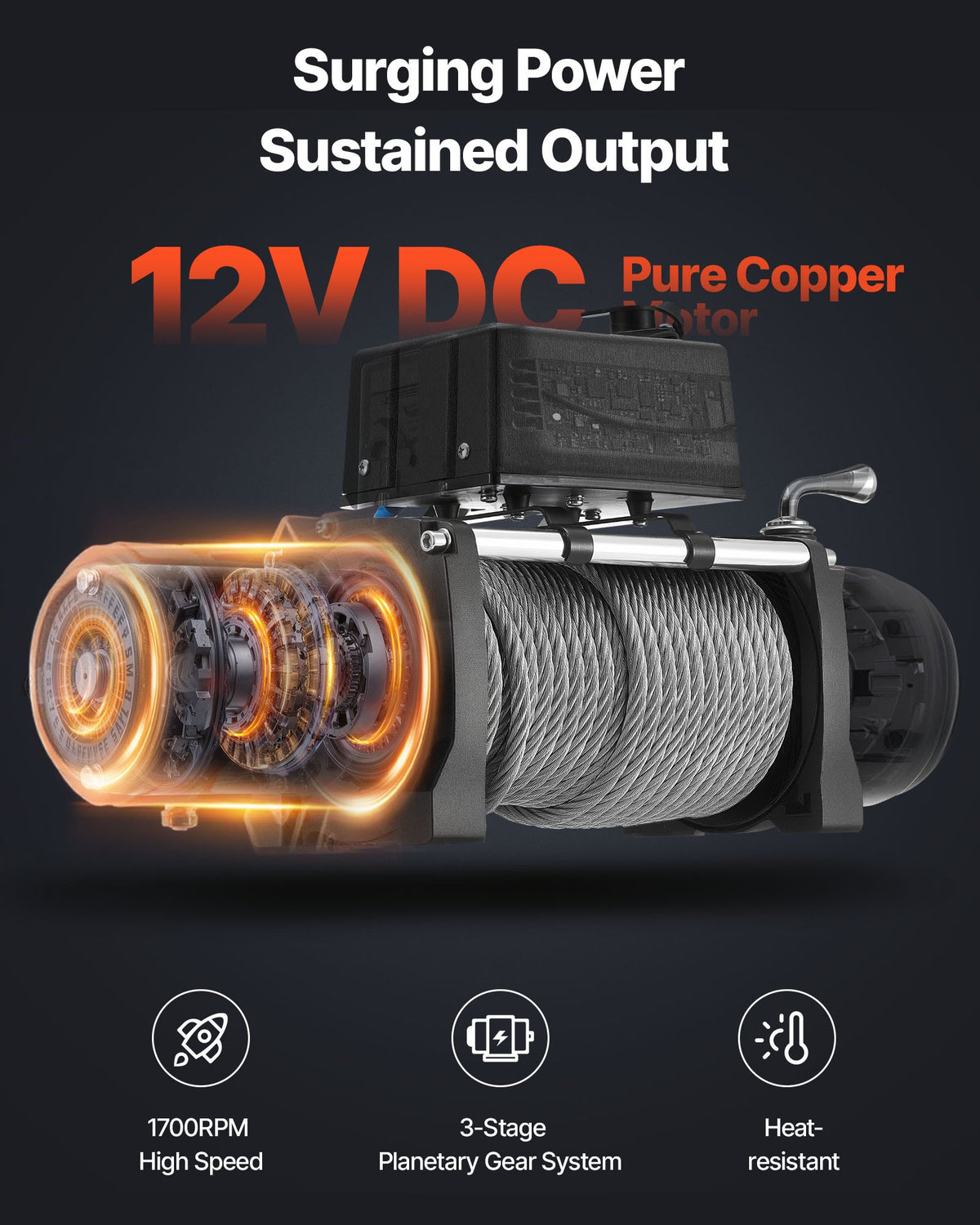 Electric Winch, 5400 kg Load Capacity, 12V DC Truck Winch with 9.1 mm x 26 m Steel Rope, Wireless & Wired V952-GSSDDJP12000FOZ31001V9