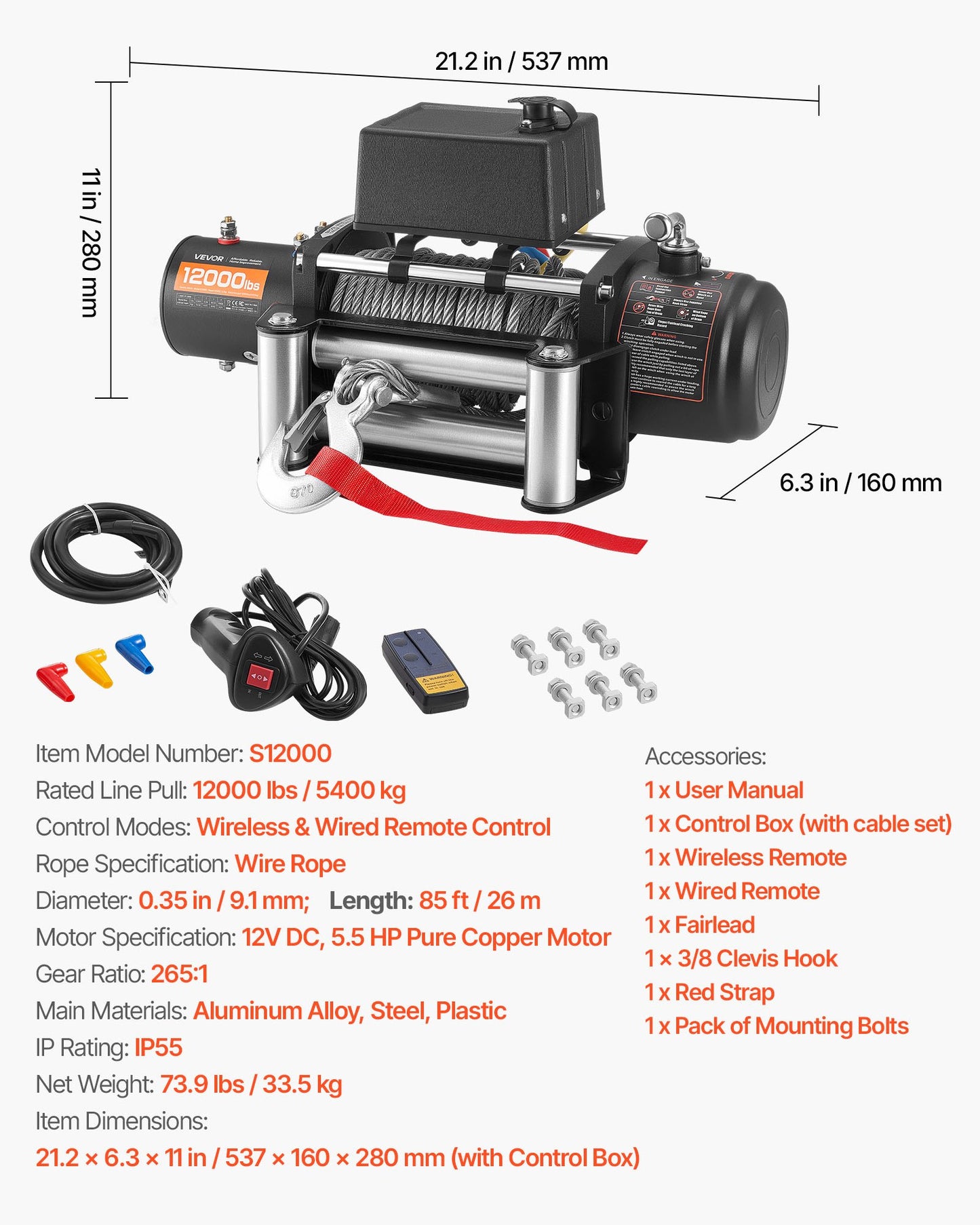 Electric Winch, 5400 kg Load Capacity, 12V DC Truck Winch with 9.1 mm x 26 m Steel Rope, Wireless & Wired V952-GSSDDJP12000FOZ31001V9