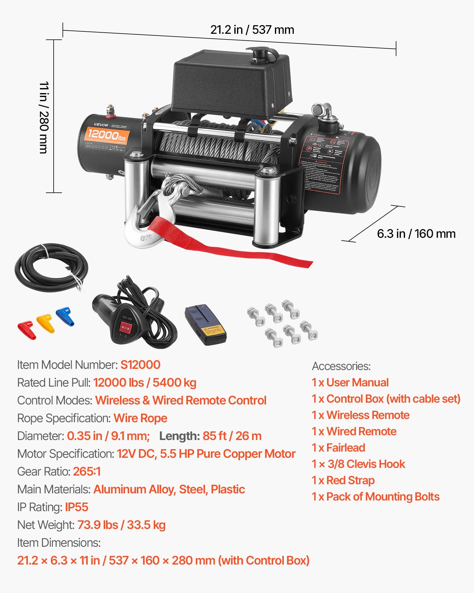 Electric Winch, 5400 kg Load Capacity, 12V DC Truck Winch with 9.1 mm x 26 m Steel Rope, Wireless & Wired V952-GSSDDJP12000FOZ31001V9