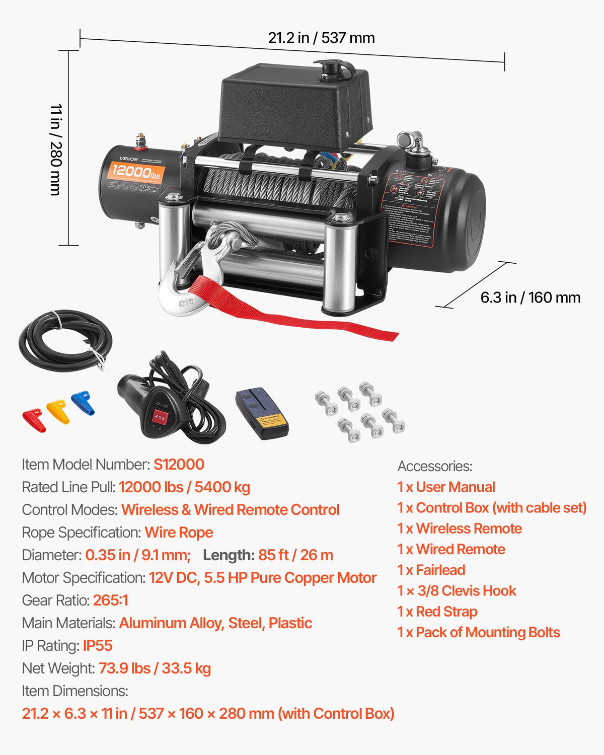 Electric Winch, 5400 kg Load Capacity, 12V DC Truck Winch with 9.1 mm x 26 m Steel Rope, Wireless & Wired V952-GSSDDJP12000FOZ31001V9