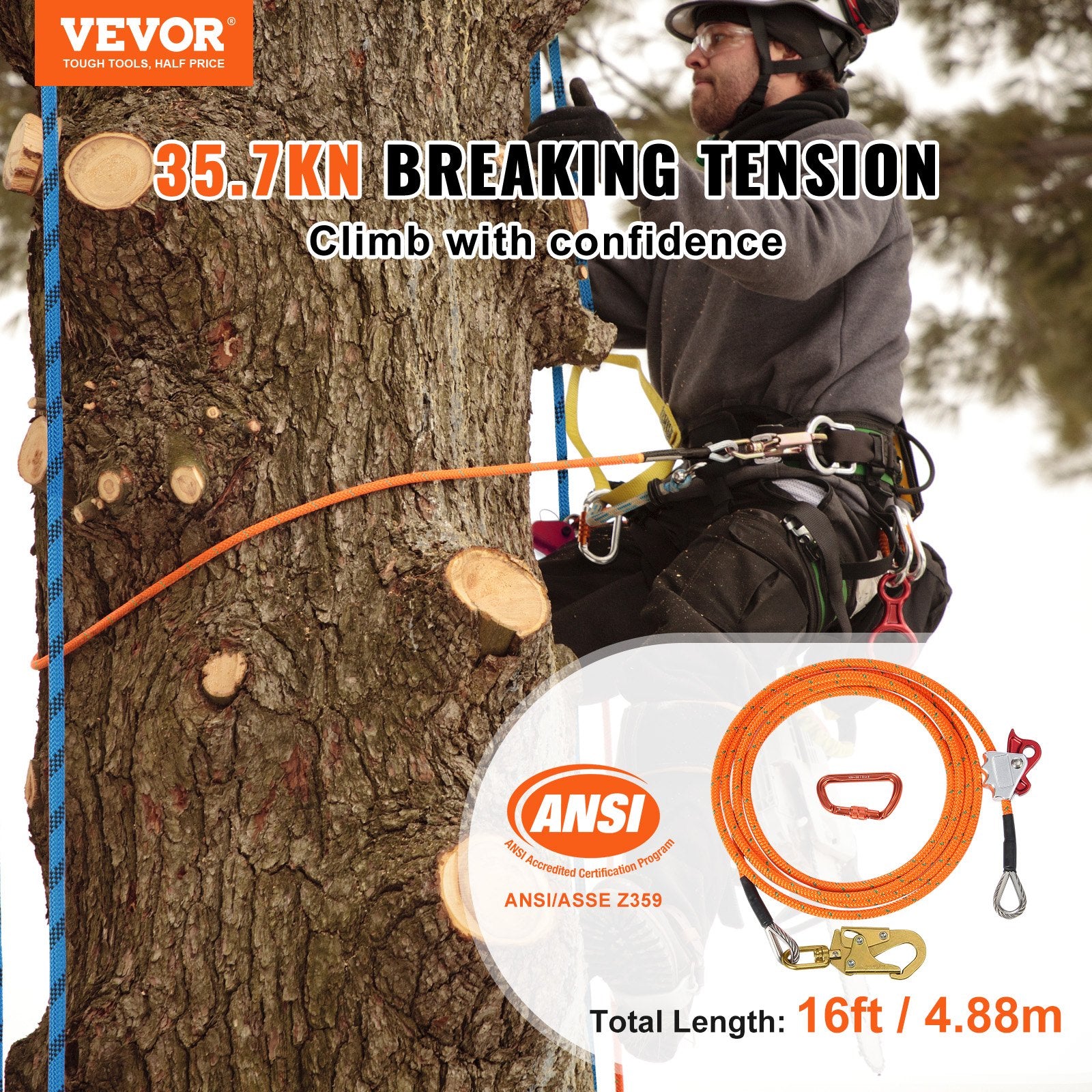 12.7mm Steel Core Flipline, 16ft(4.8m)Arborist Flipline for Tree Climbing with Alloy Steel Snap Hook & V952-GSSTJJSGSS16HY1WRV0